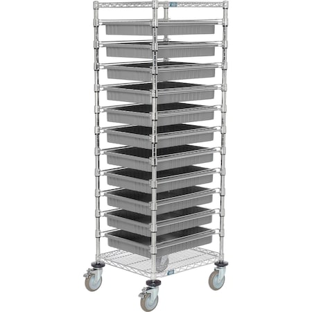 Global Industrial Chrome Wire Cart With 11 3inH Gray Grid Containers, 21x24x69 269029GY